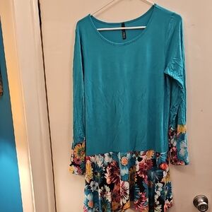 Teal Base With Multi Color Floral Midi Dress